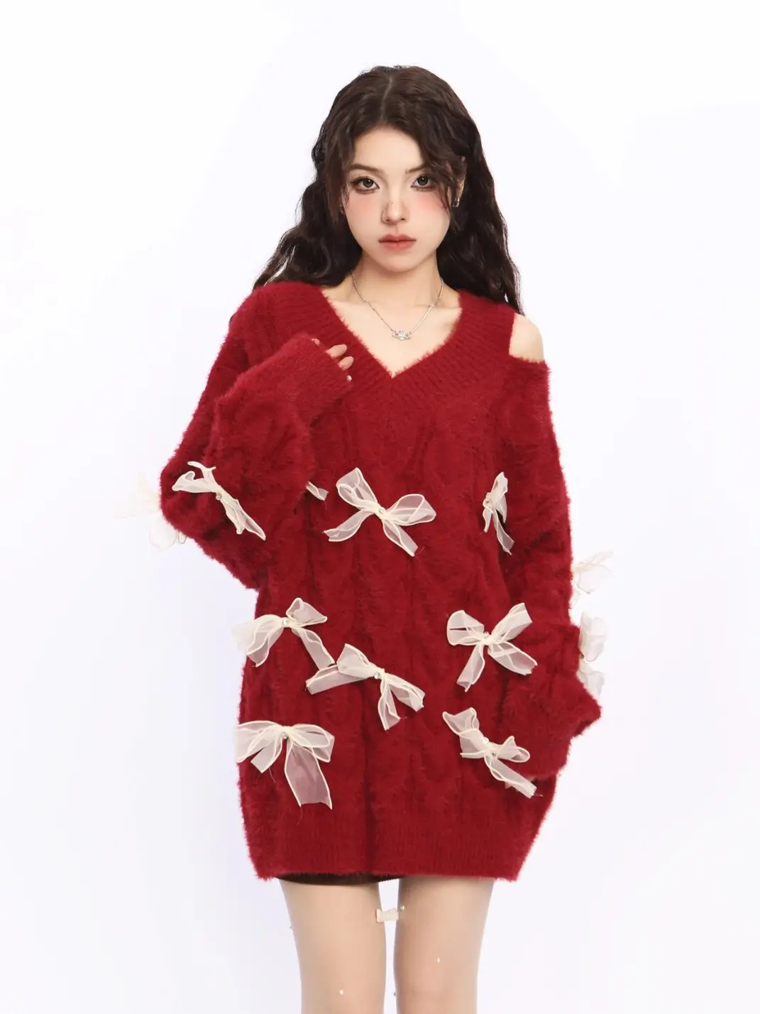 BIGGOLD | Off-Shoulder Red Bow Knit Sweater