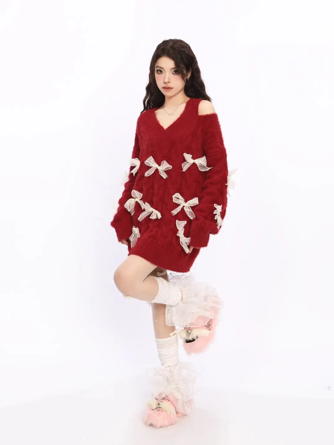 BIGGOLD | Off-Shoulder Red Bow Knit Sweater