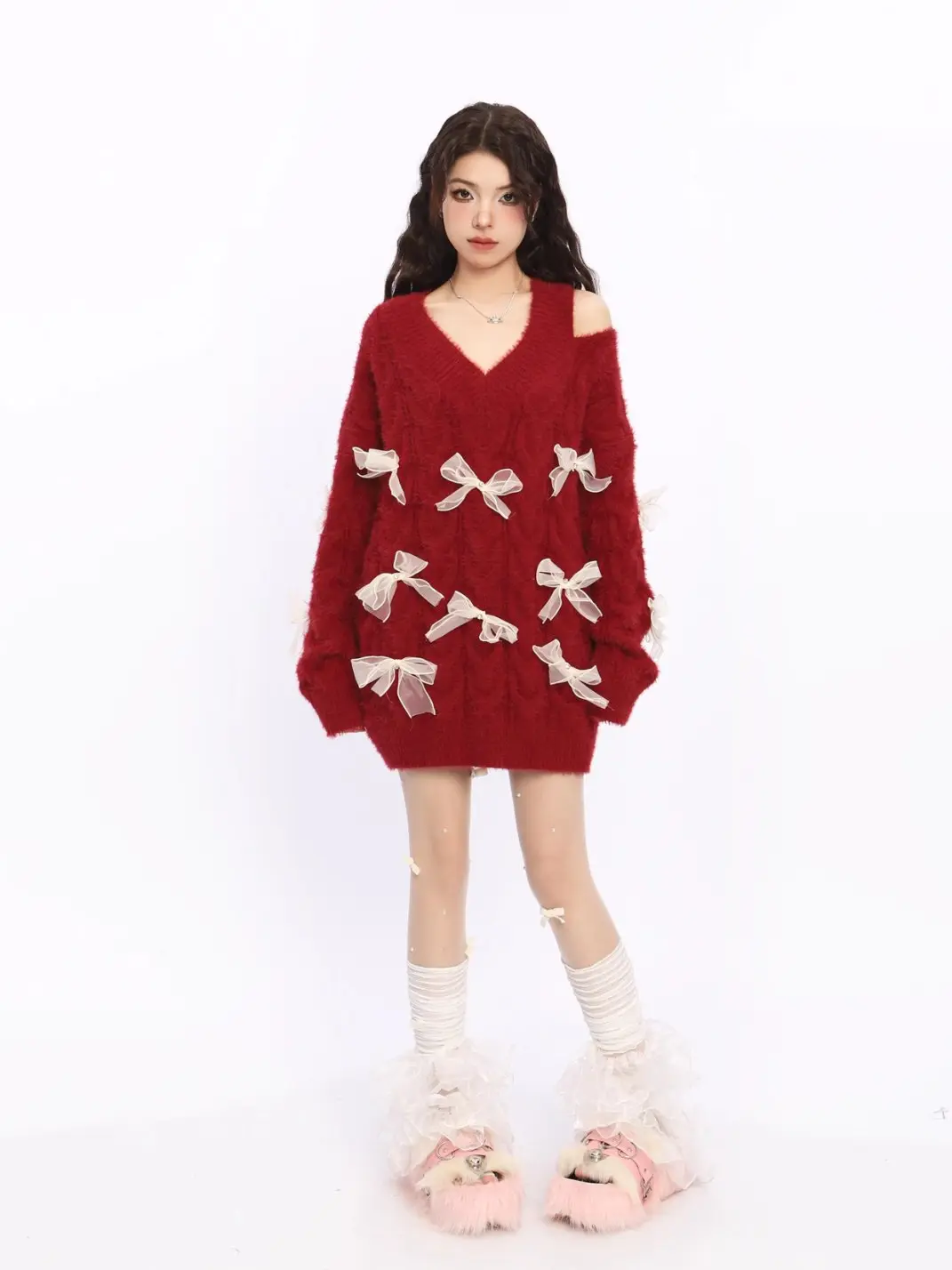 BIGGOLD | Off-Shoulder Red Bow Knit Sweater