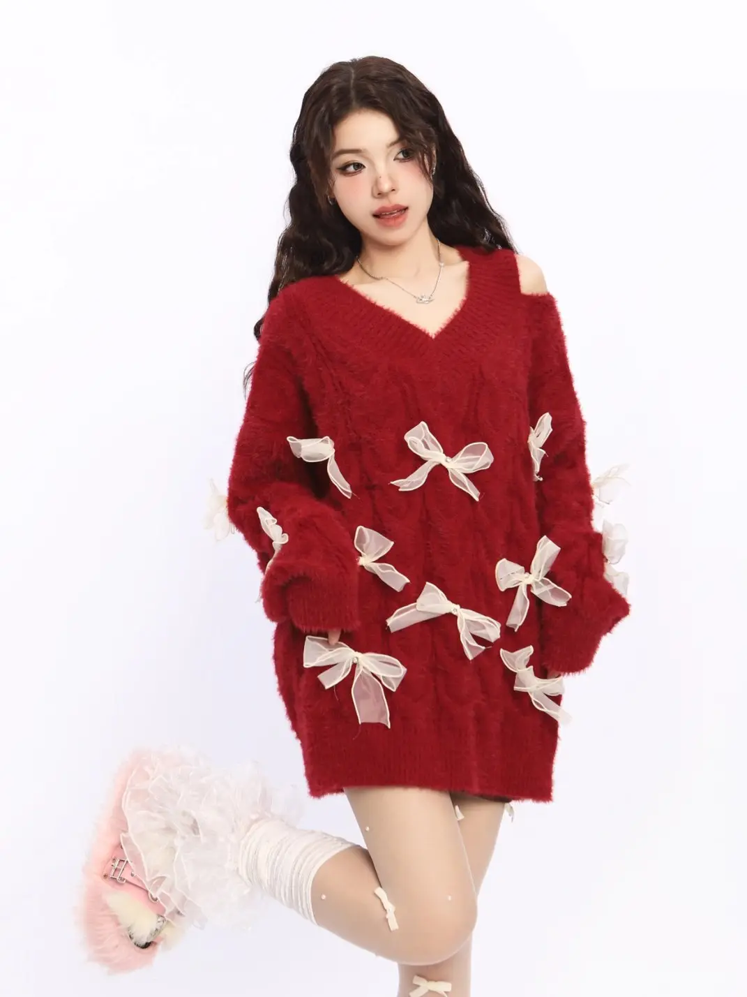 BIGGOLD | Off-Shoulder Red Bow Knit Sweater