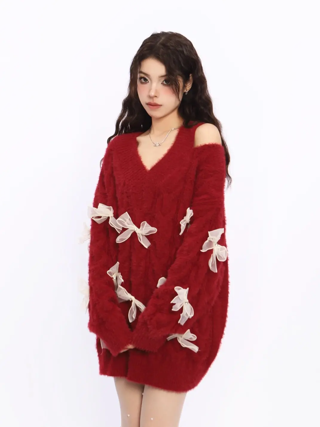 BIGGOLD | Off-Shoulder Red Bow Knit Sweater