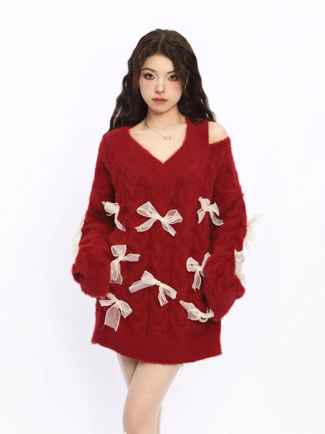BIGGOLD | Off-Shoulder Red Bow Knit Sweater