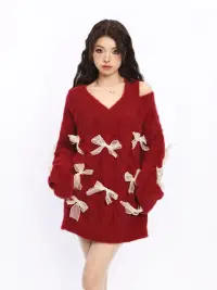 BIGGOLD | Off-Shoulder Red Bow Knit Sweater