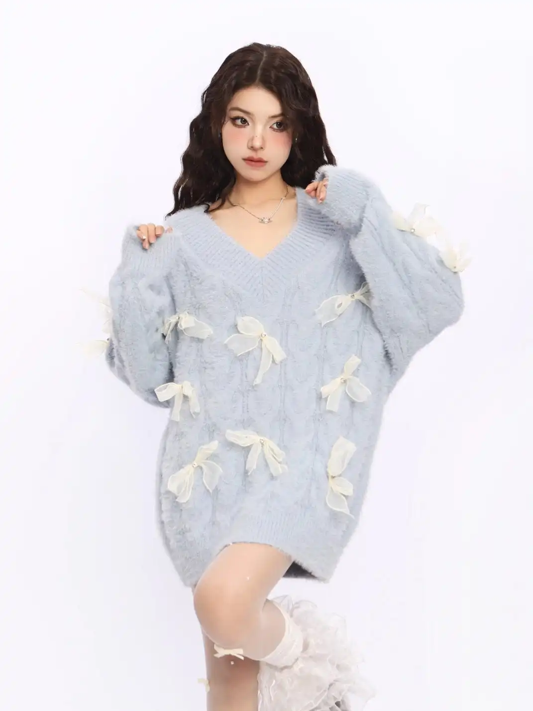 BIGGOLD | Off-Shoulder Red Bow Knit Sweater