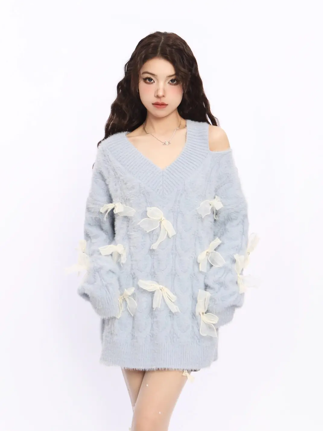 BIGGOLD | Off-Shoulder Red Bow Knit Sweater