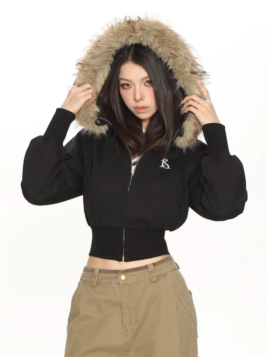BIGGOLD | Removable Fur Hooded Cropped Sweatshirt
