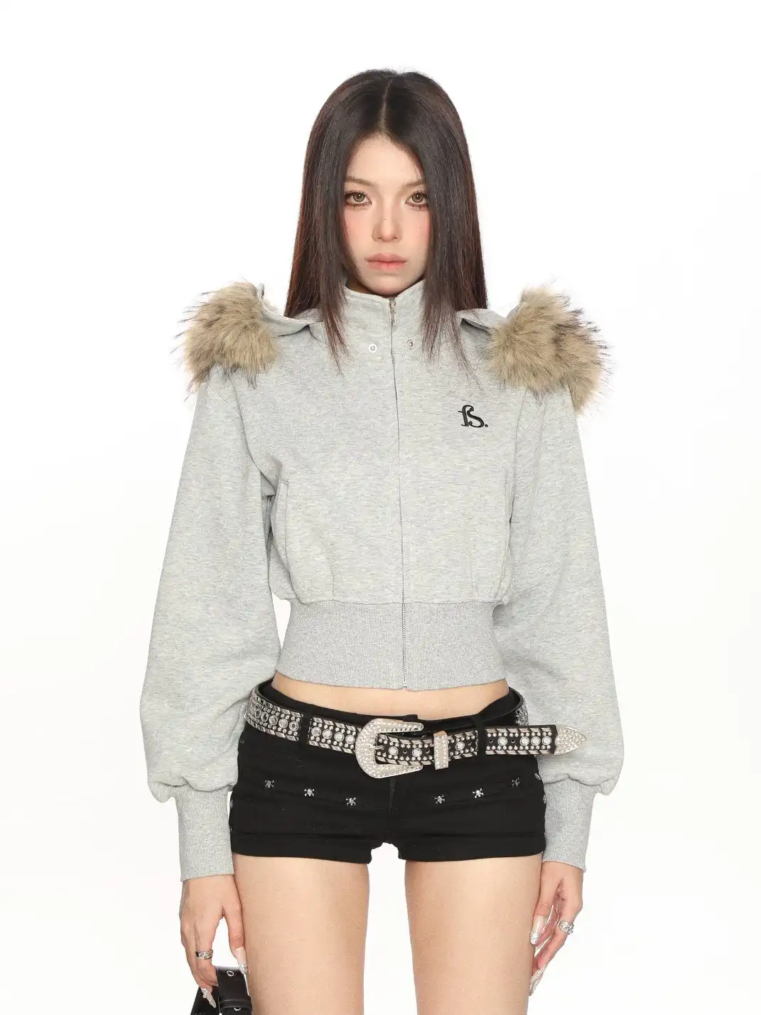 BIGGOLD | Removable Fur Hooded Cropped Sweatshirt