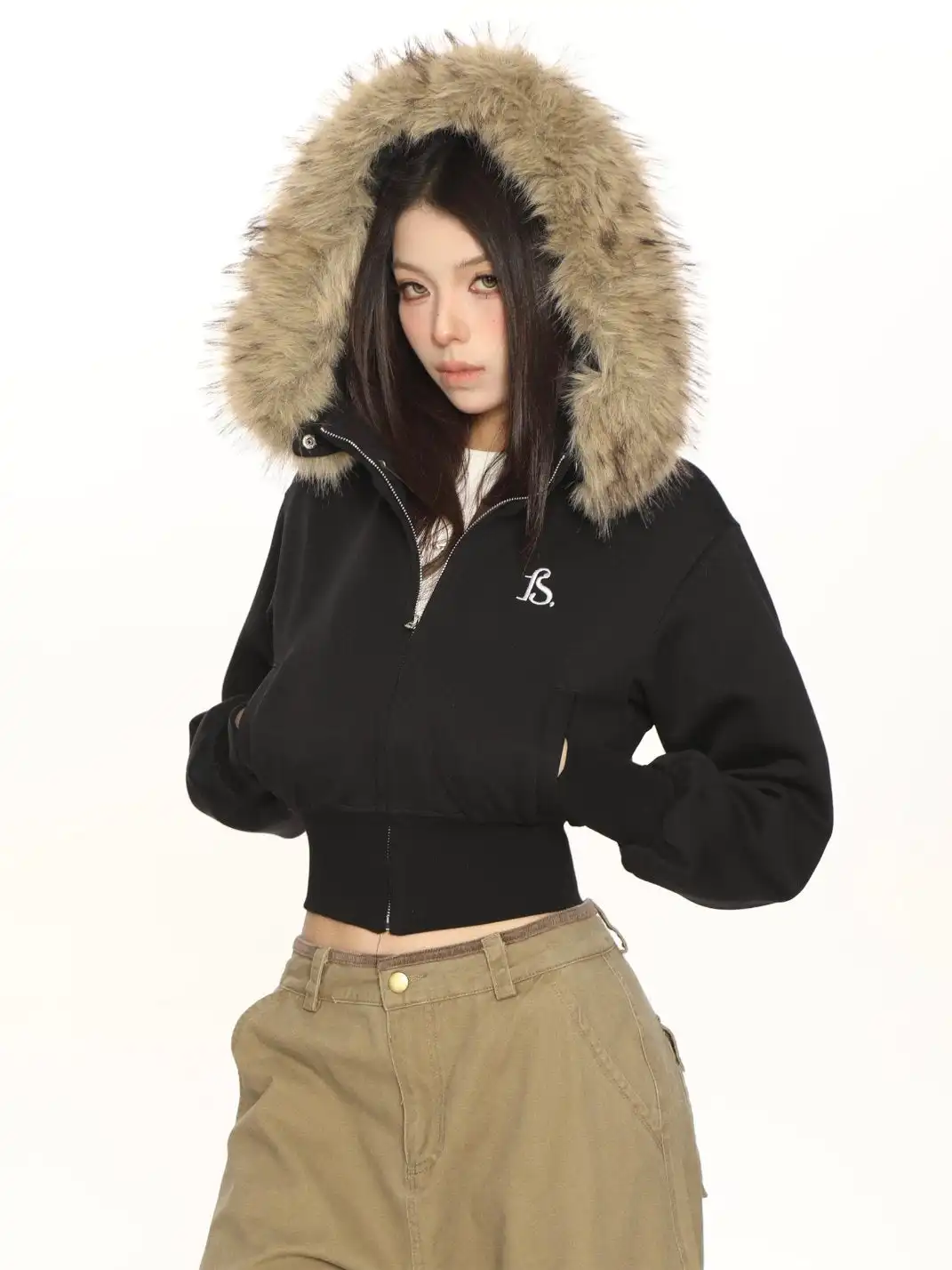 BIGGOLD | Removable Fur Hooded Cropped Sweatshirt