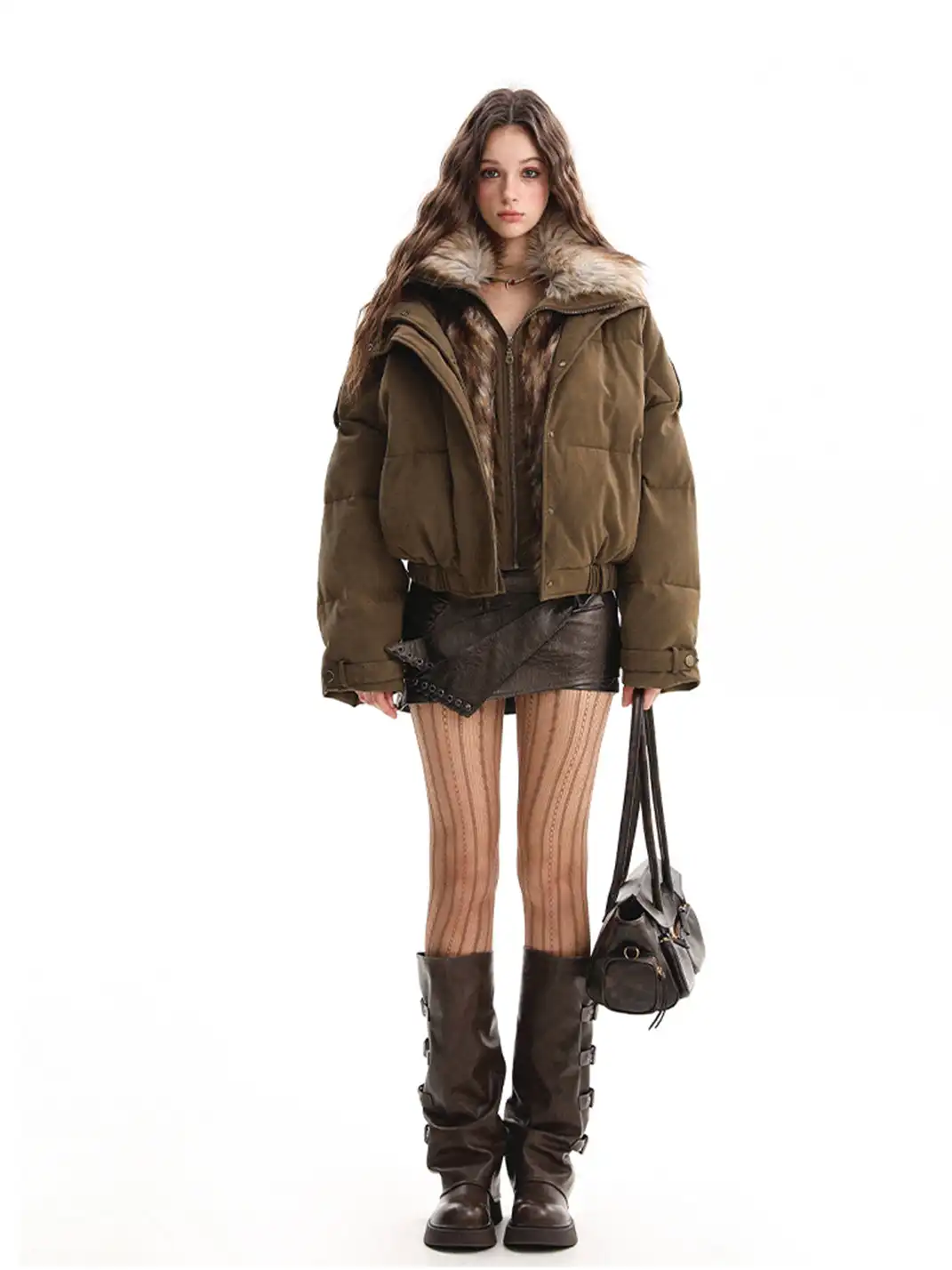 BIGGOLD | Faux Fur Collar Deconstructed Cargo Puffer Jacket