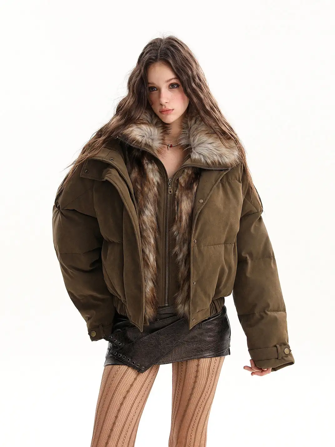BIGGOLD | Faux Fur Collar Deconstructed Cargo Puffer Jacket