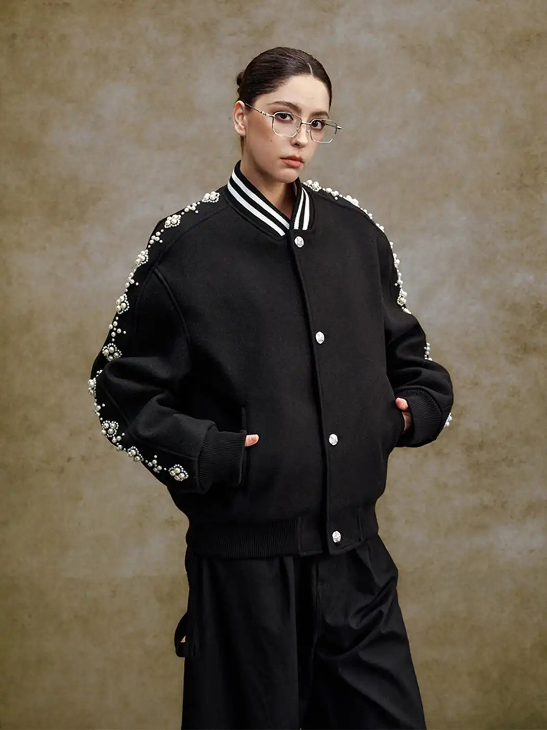 YADcrew丨Quilted Pearl Beaded Baseball Jacket