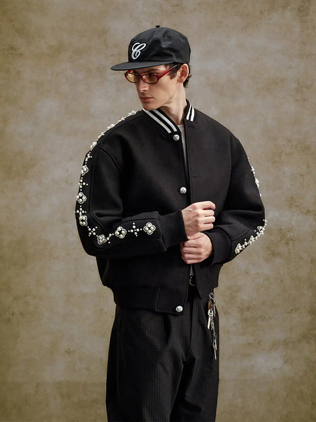 YADcrew丨Quilted Pearl Beaded Baseball Jacket