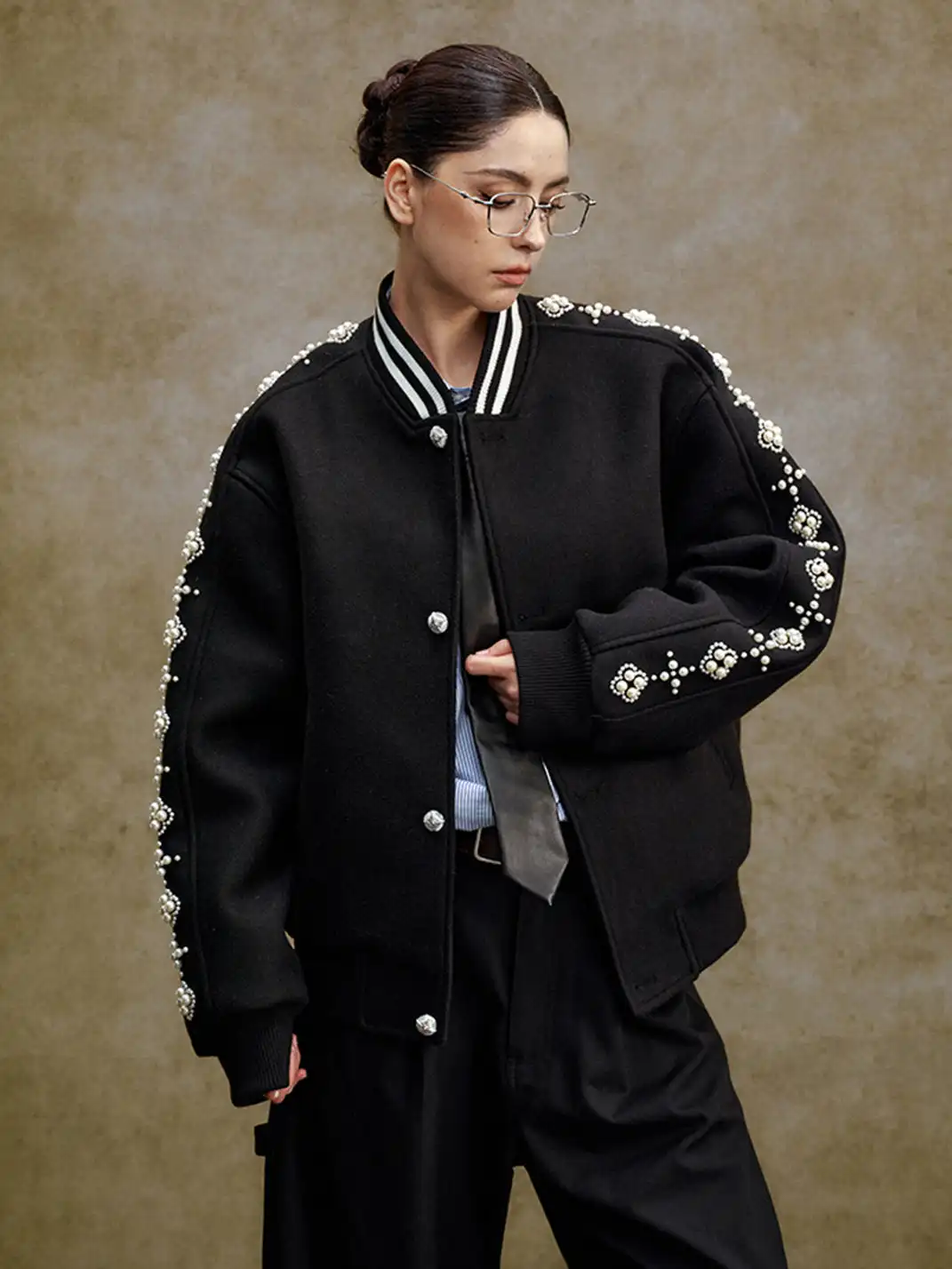 YADcrew丨Quilted Pearl Beaded Baseball Jacket