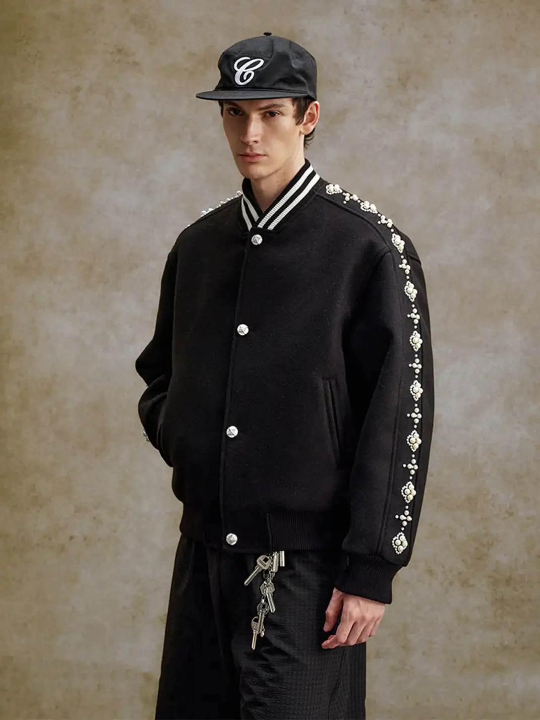 YADcrew丨Quilted Pearl Beaded Baseball Jacket