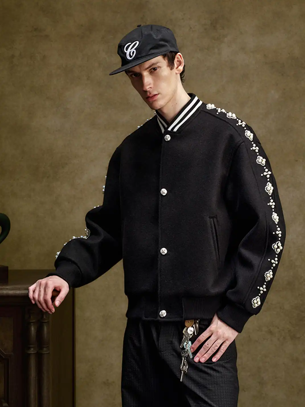 YADcrew丨Quilted Pearl Beaded Baseball Jacket