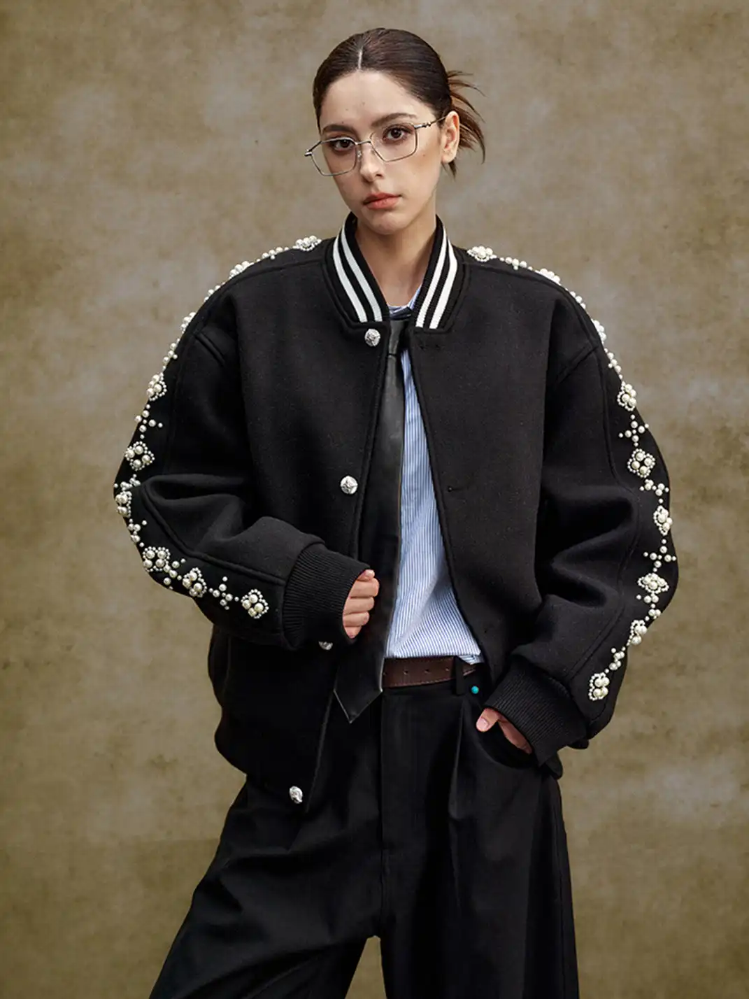 YADcrew丨Quilted Pearl Beaded Baseball Jacket