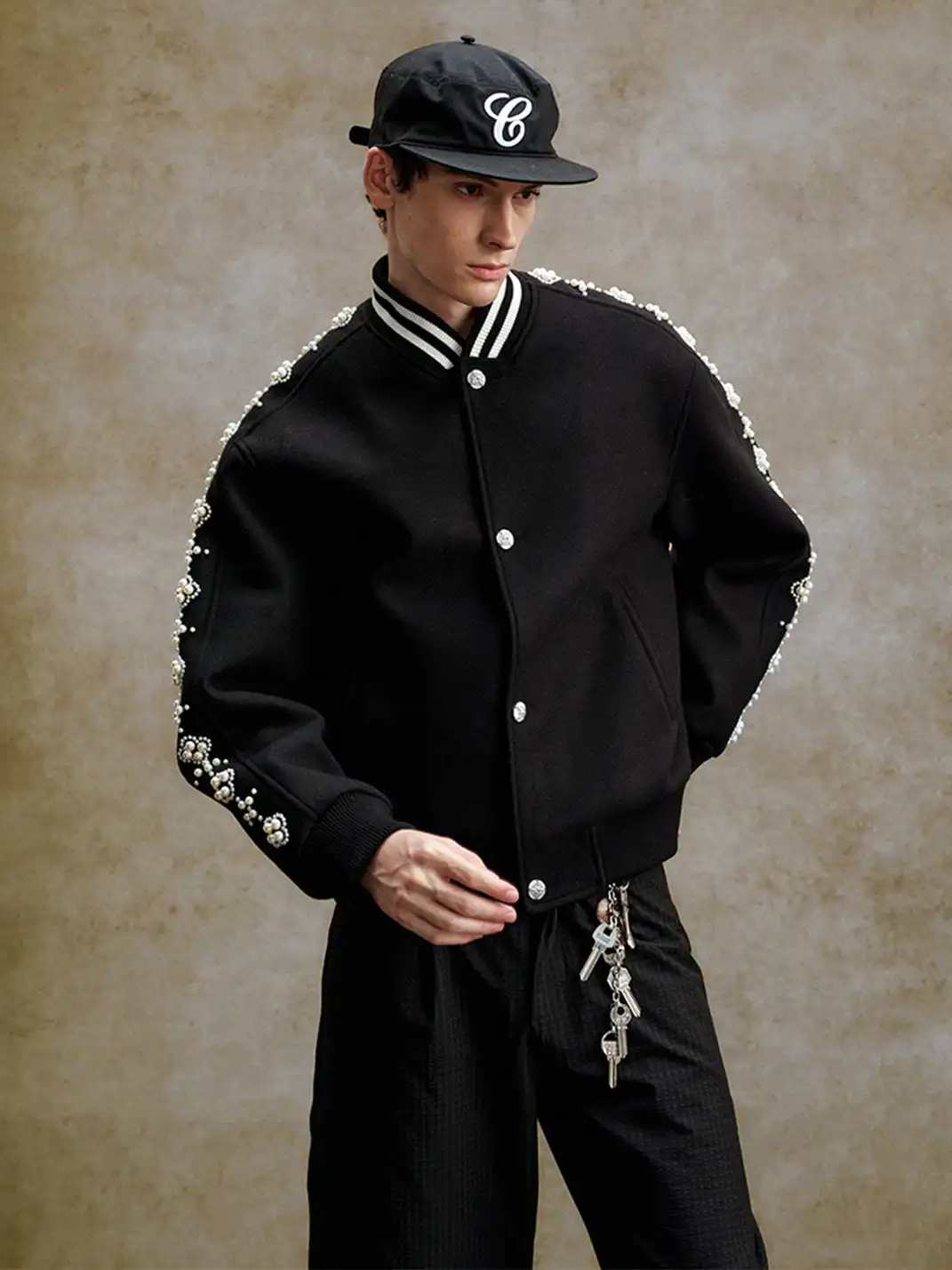 YADcrew丨Quilted Pearl Beaded Baseball Jacket
