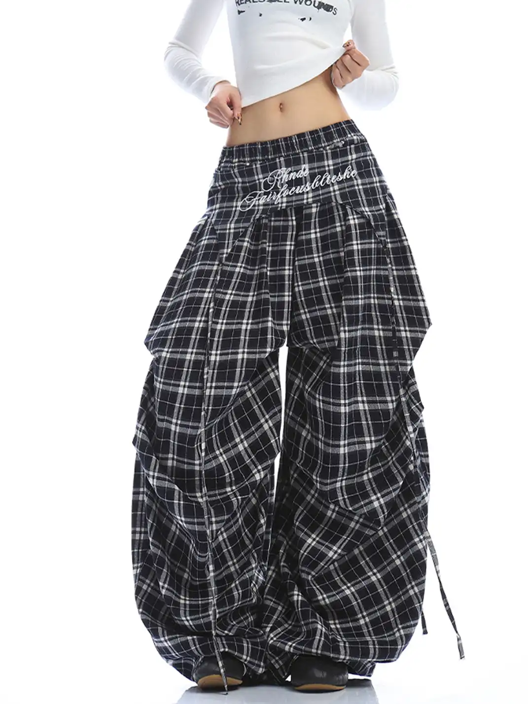 BIGGOLD | Letter Embroidered Plaid Wide-Leg Pants