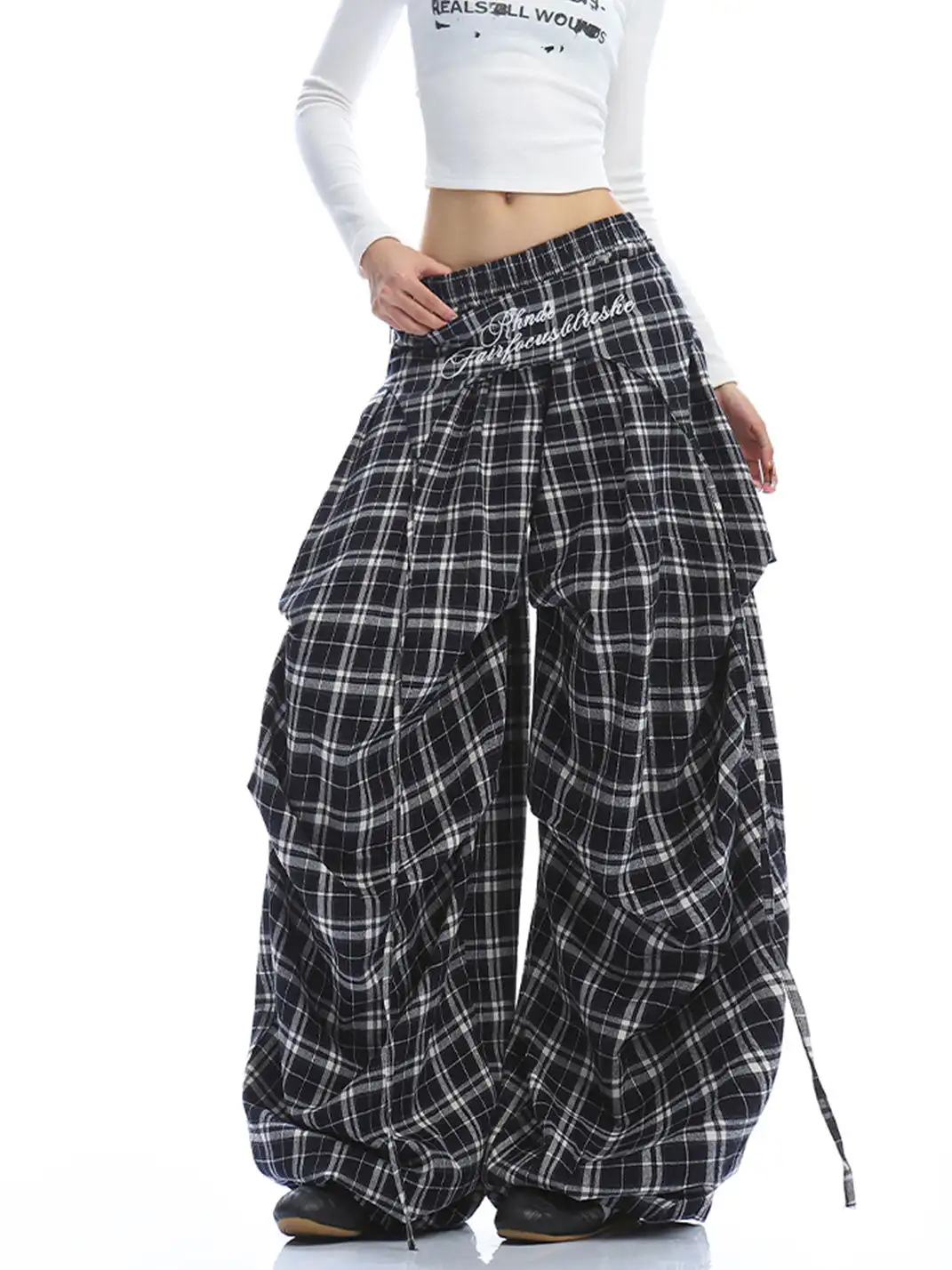 BIGGOLD | Letter Embroidered Plaid Wide-Leg Pants