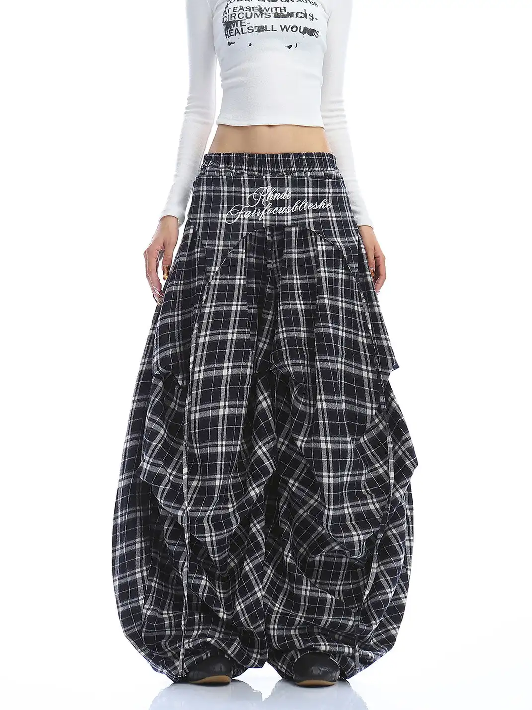 BIGGOLD | Letter Embroidered Plaid Wide-Leg Pants