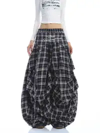 BIGGOLD | Letter Embroidered Plaid Wide-Leg Pants