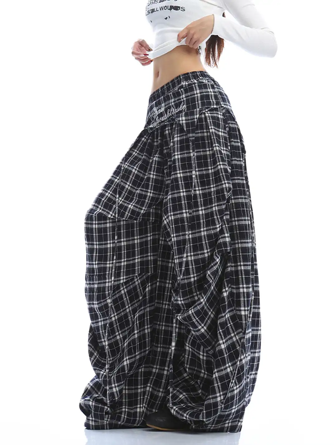 BIGGOLD | Letter Embroidered Plaid Wide-Leg Pants