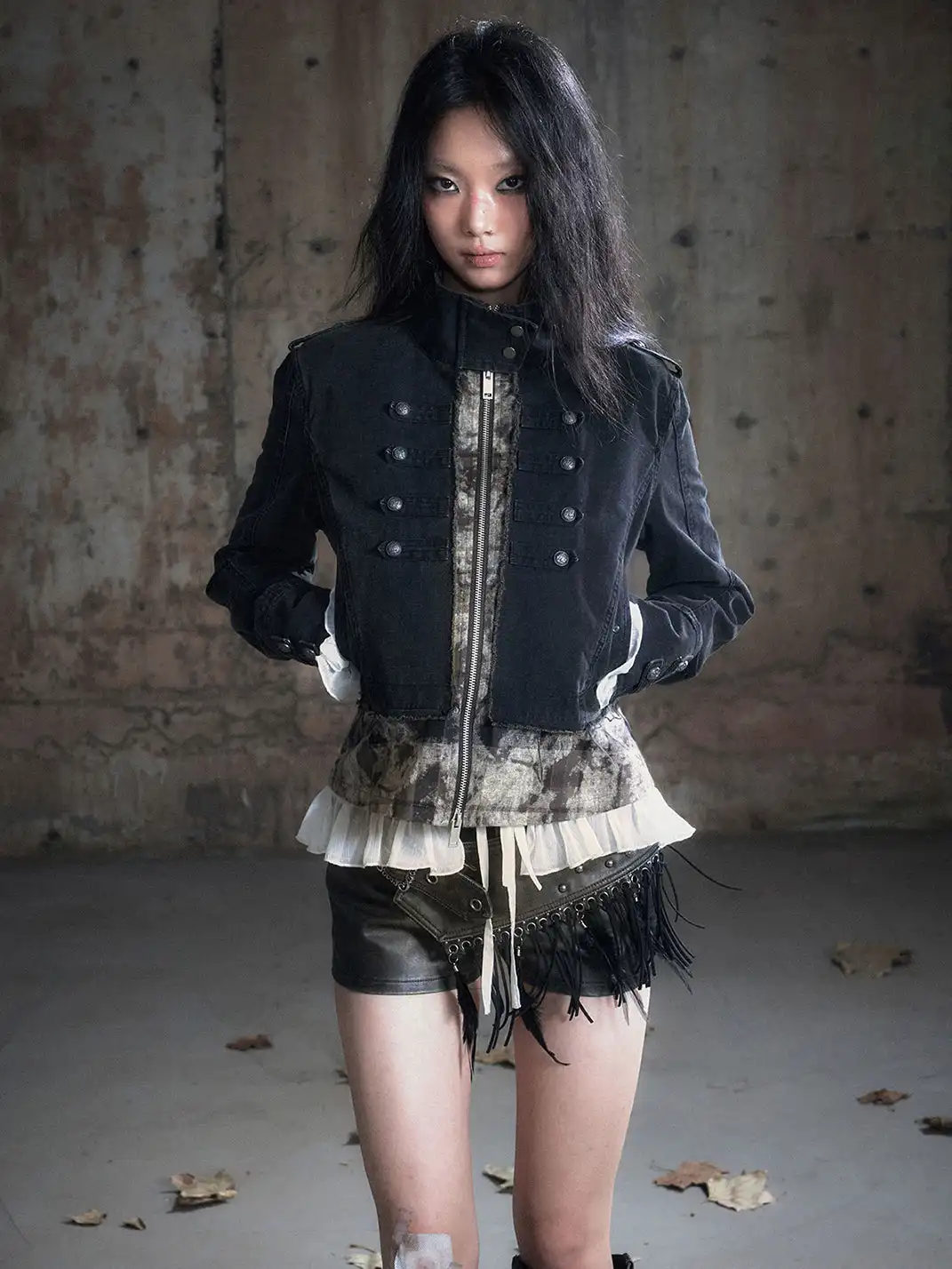 CestNous | Camo Patchwork Cropped Jacket with Zipper