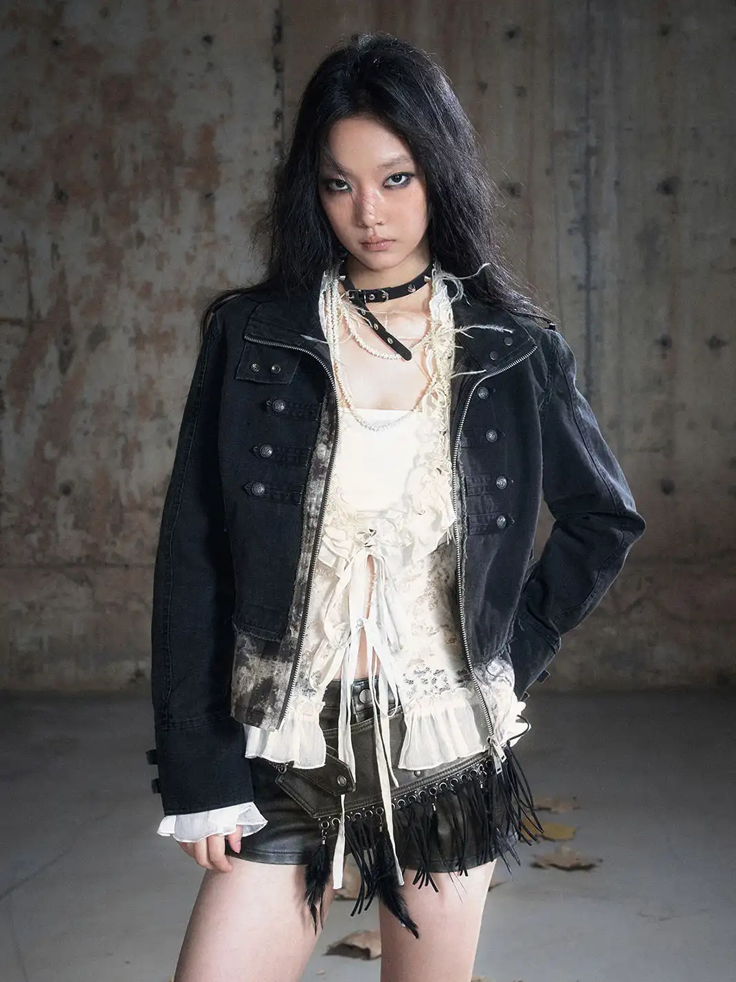 CestNous | Camo Patchwork Cropped Jacket with Zipper