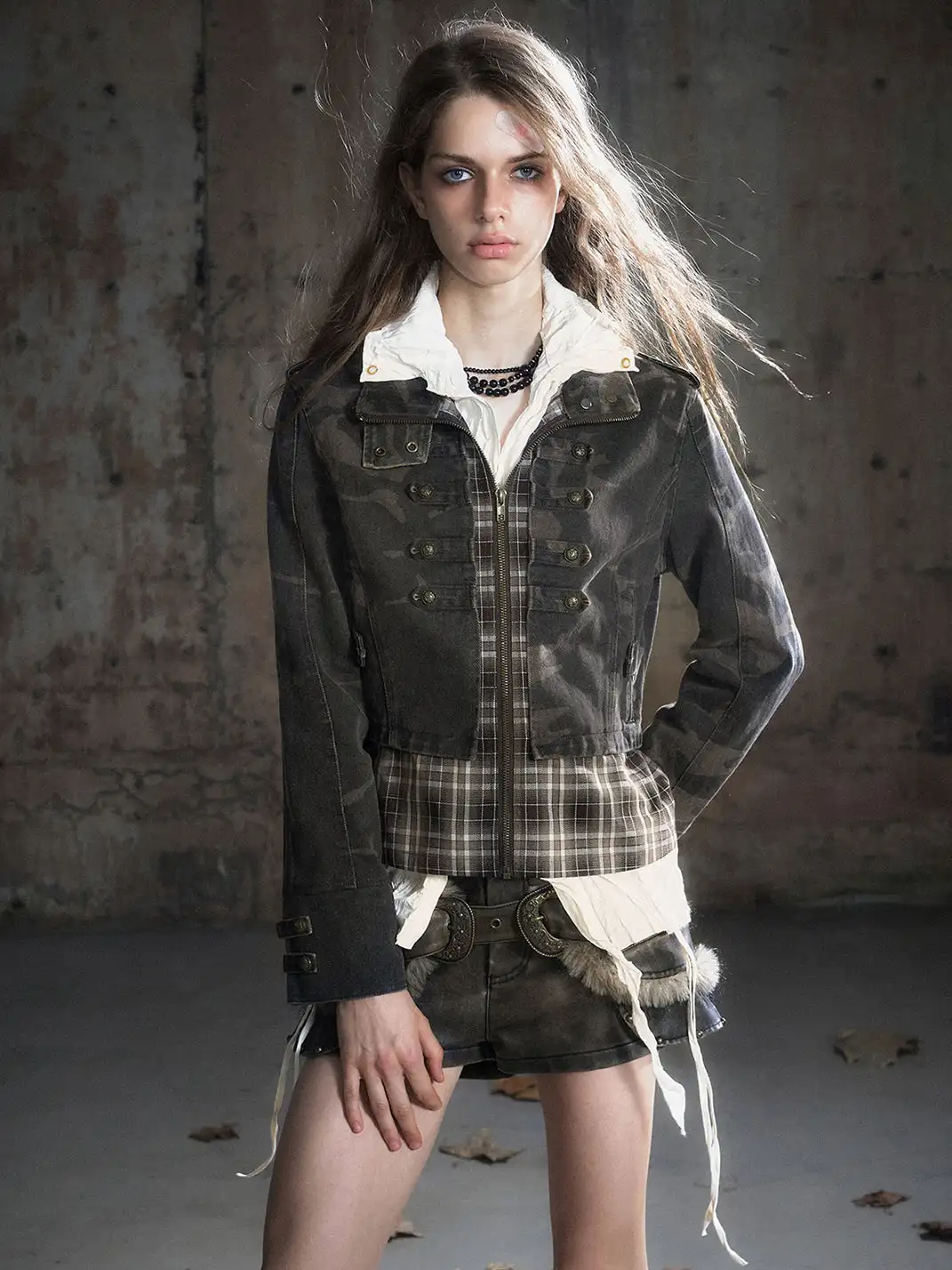 CestNous | Camo Patchwork Cropped Jacket with Zipper
