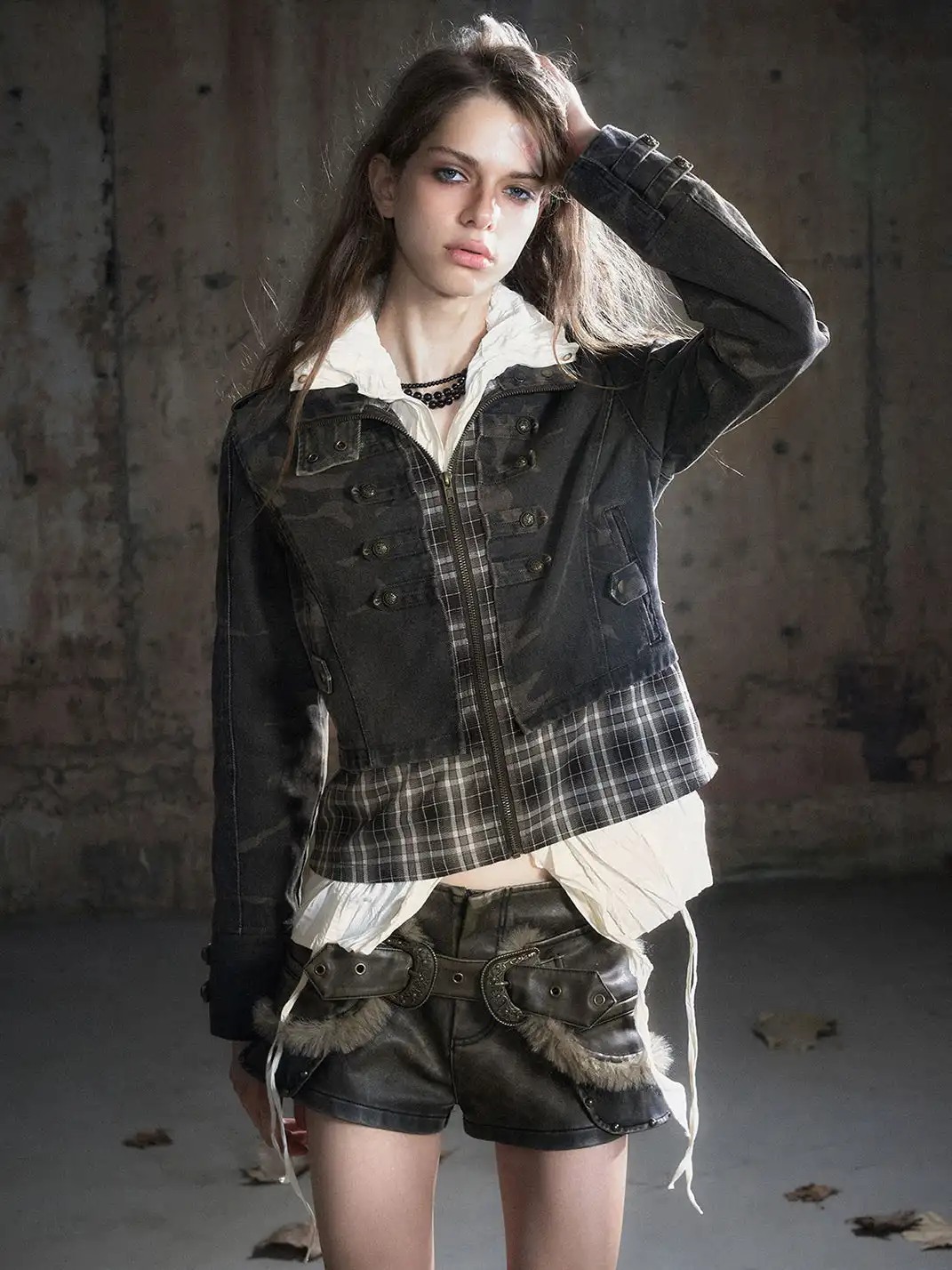CestNous | Camo Patchwork Cropped Jacket with Zipper