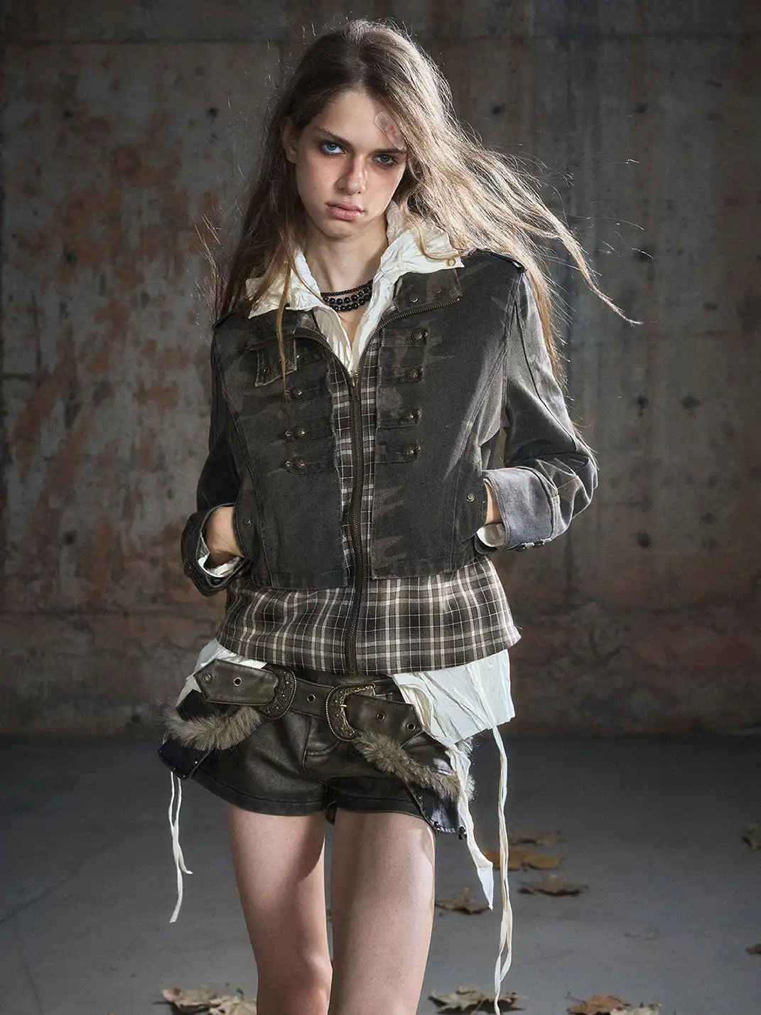 CestNous | Camo Patchwork Cropped Jacket with Zipper