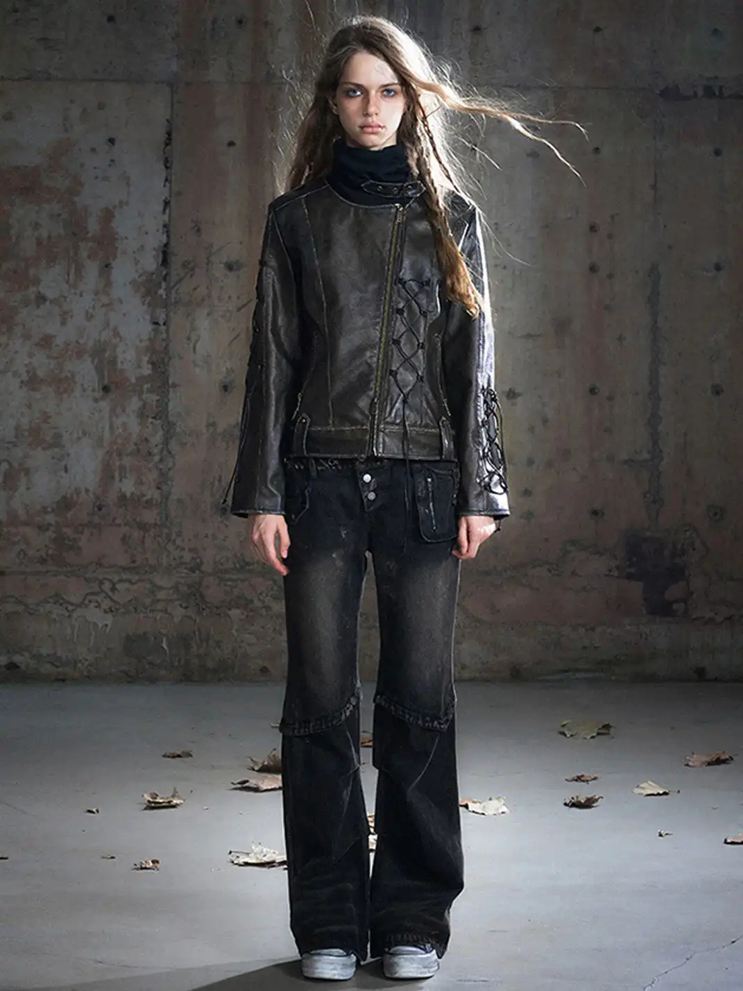 CestNous | Distressed Muddy Dye Patchwork Low-Rise Straight-Leg Jeans