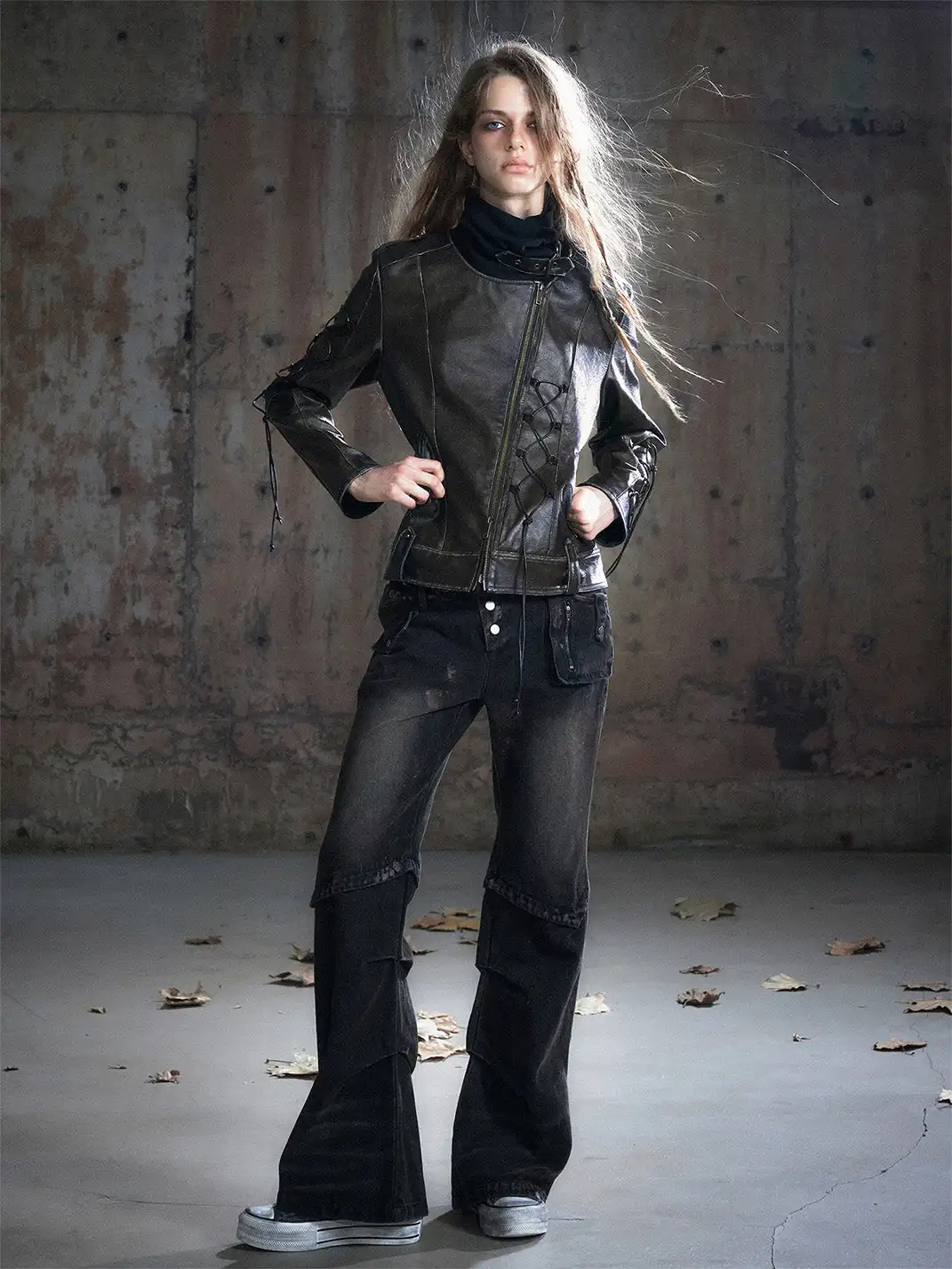 CestNous | Distressed Muddy Dye Patchwork Low-Rise Straight-Leg Jeans