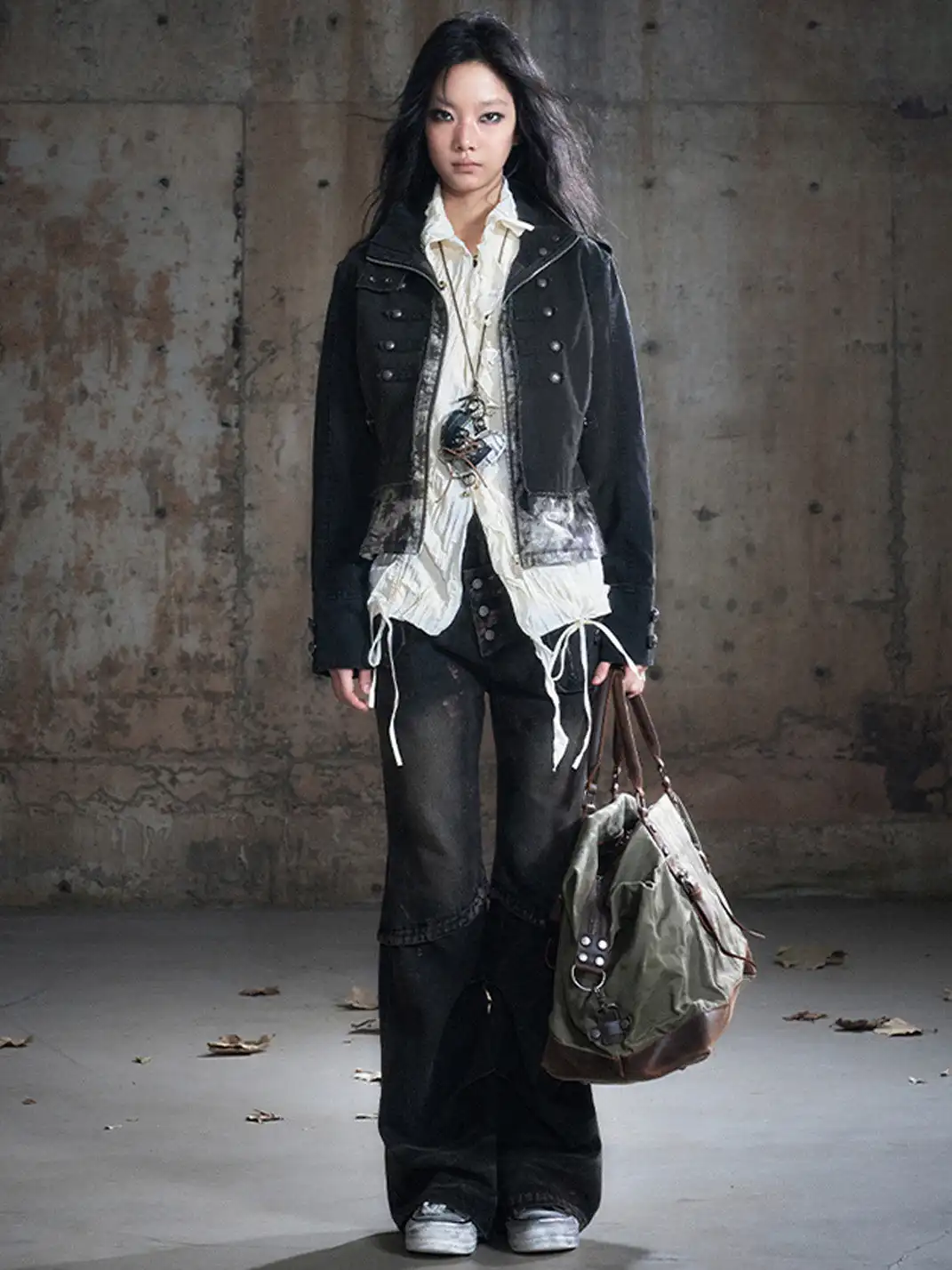 CestNous | Distressed Muddy Dye Patchwork Low-Rise Straight-Leg Jeans