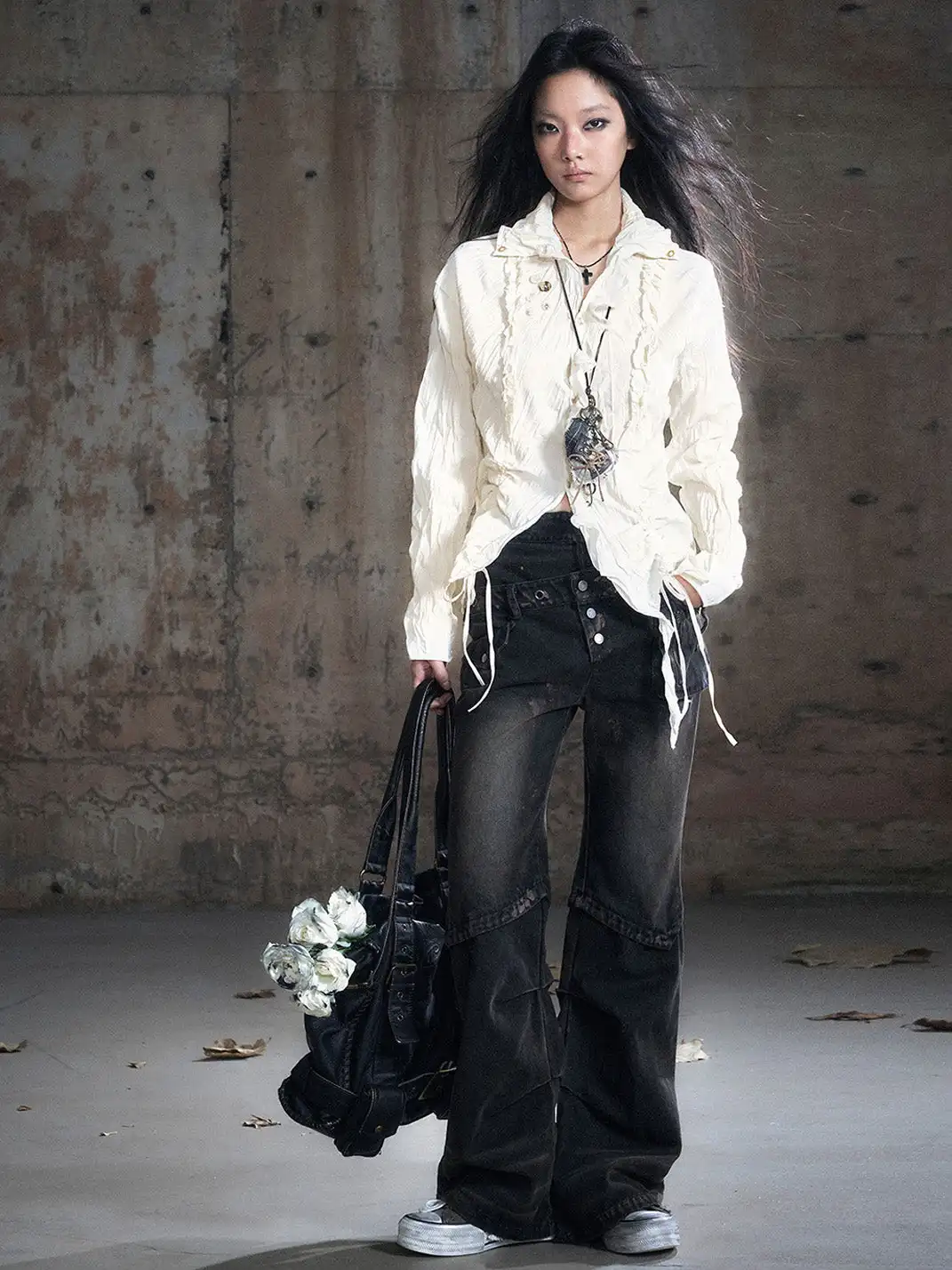 CestNous | Distressed Muddy Dye Patchwork Low-Rise Straight-Leg Jeans