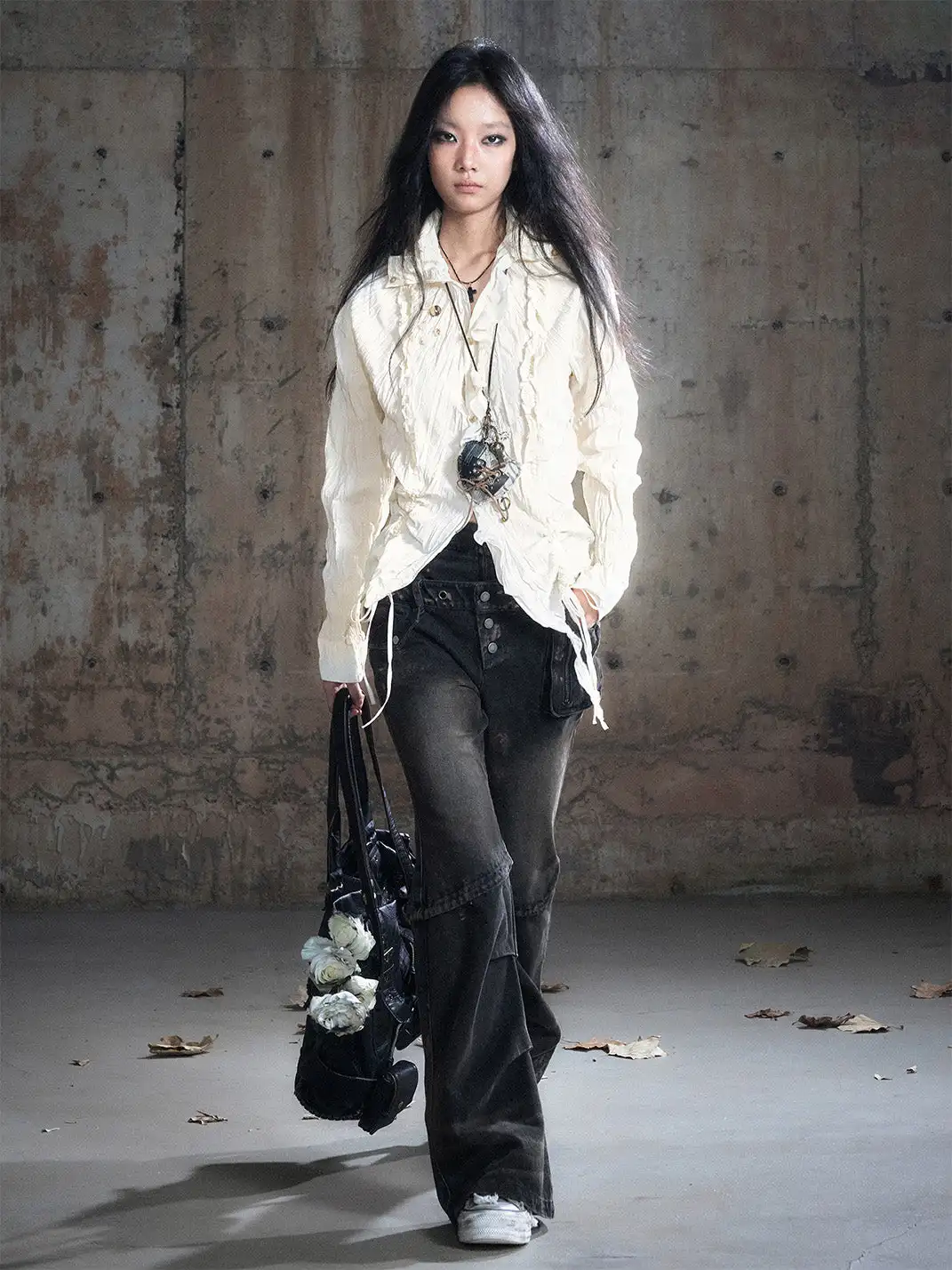 CestNous | Distressed Muddy Dye Patchwork Low-Rise Straight-Leg Jeans
