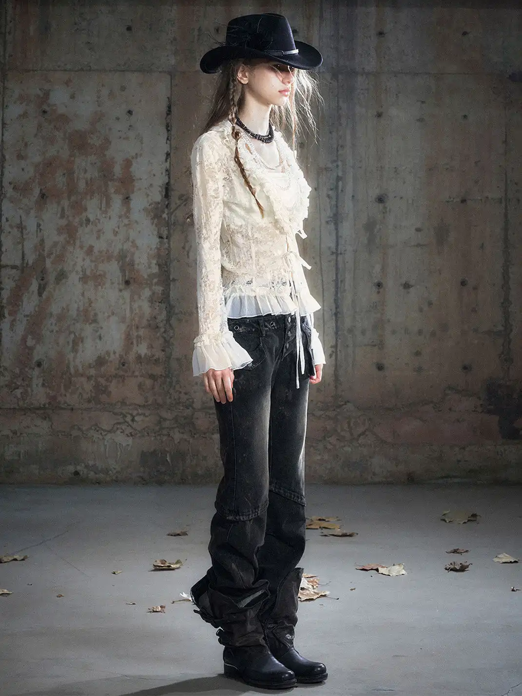CestNous | Distressed Muddy Dye Patchwork Low-Rise Straight-Leg Jeans