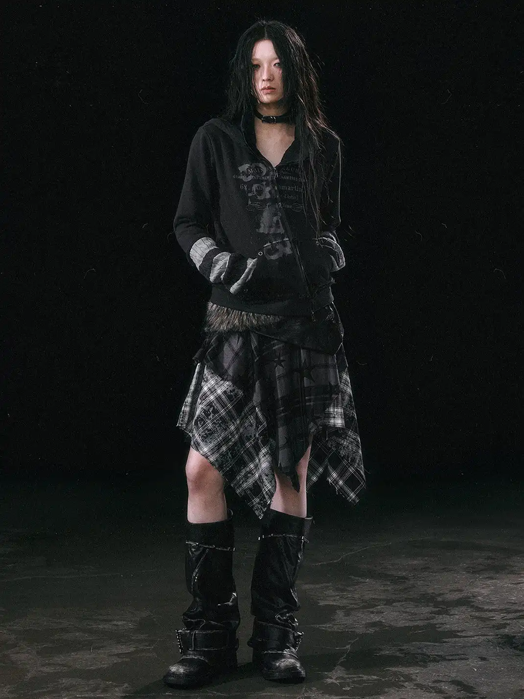 CestNous | Star Print Plaid Asymmetrical Skirt with Frayed Hem