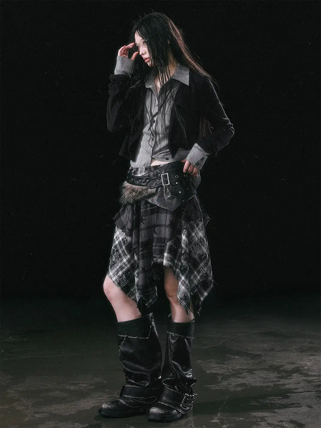 CestNous | Star Print Plaid Asymmetrical Skirt with Frayed Hem