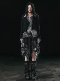 CestNous | Star Print Plaid Asymmetrical Skirt with Frayed Hem