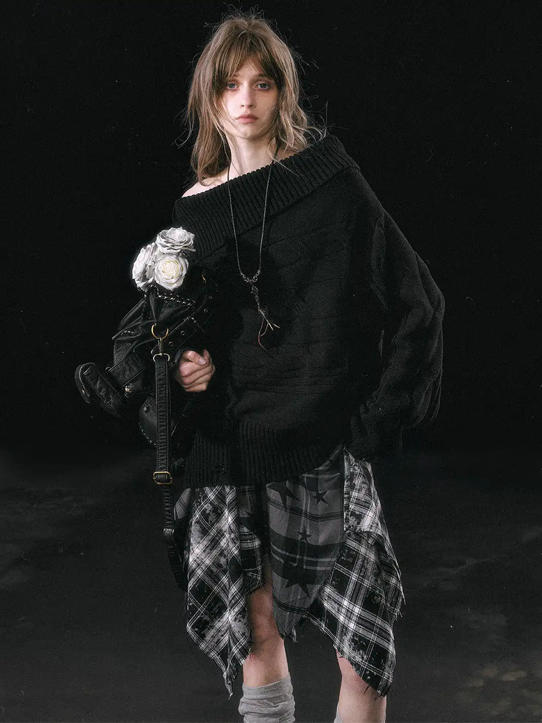 CestNous | Star Print Plaid Asymmetrical Skirt with Frayed Hem