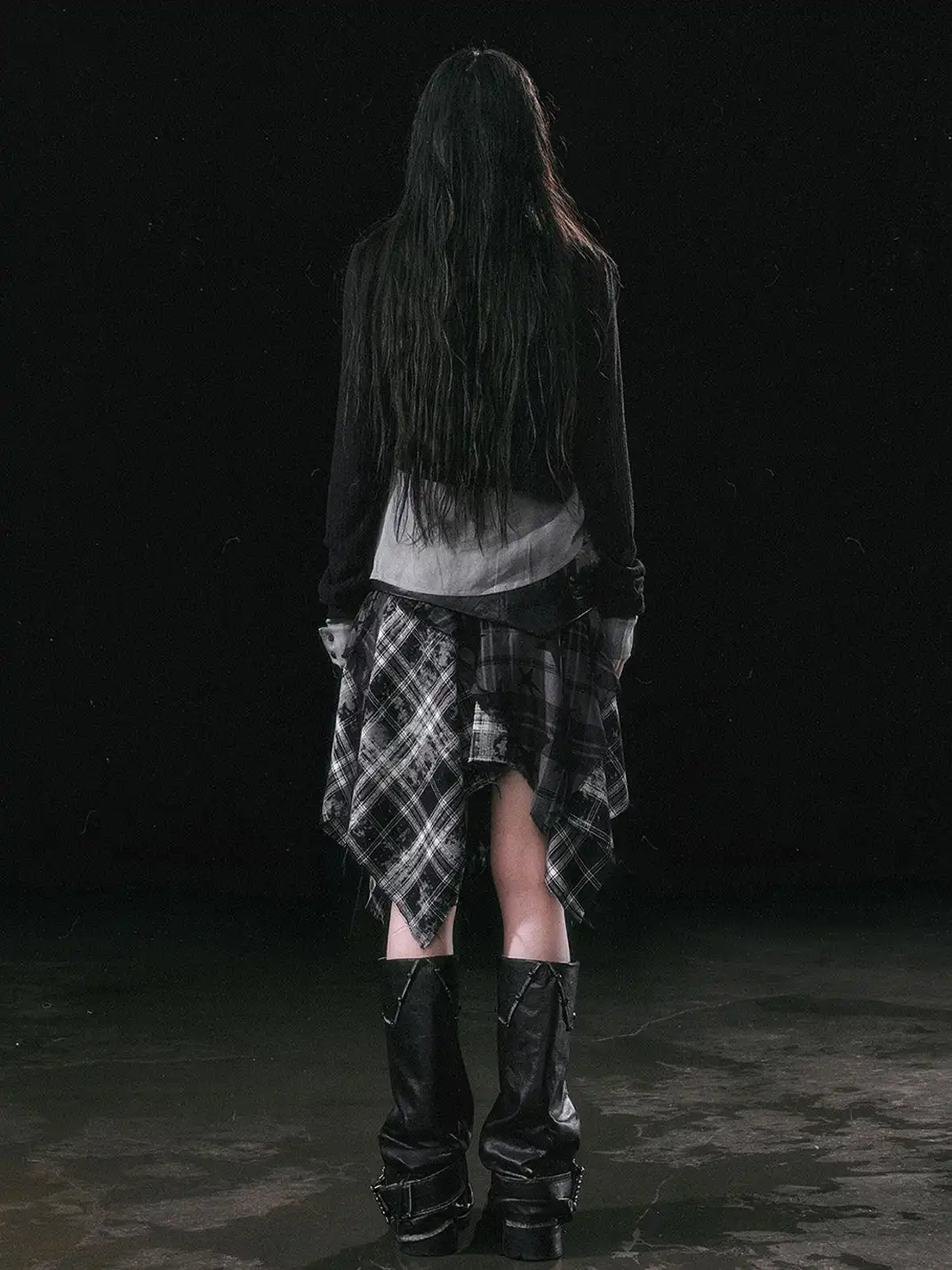 CestNous | Star Print Plaid Asymmetrical Skirt with Frayed Hem