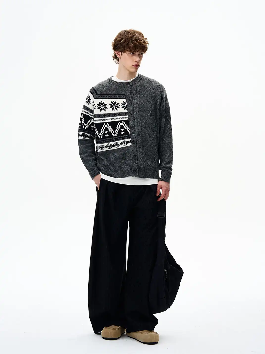 FLYOFF | Fair Isle Color-Block Buttoned Knit Cardigan