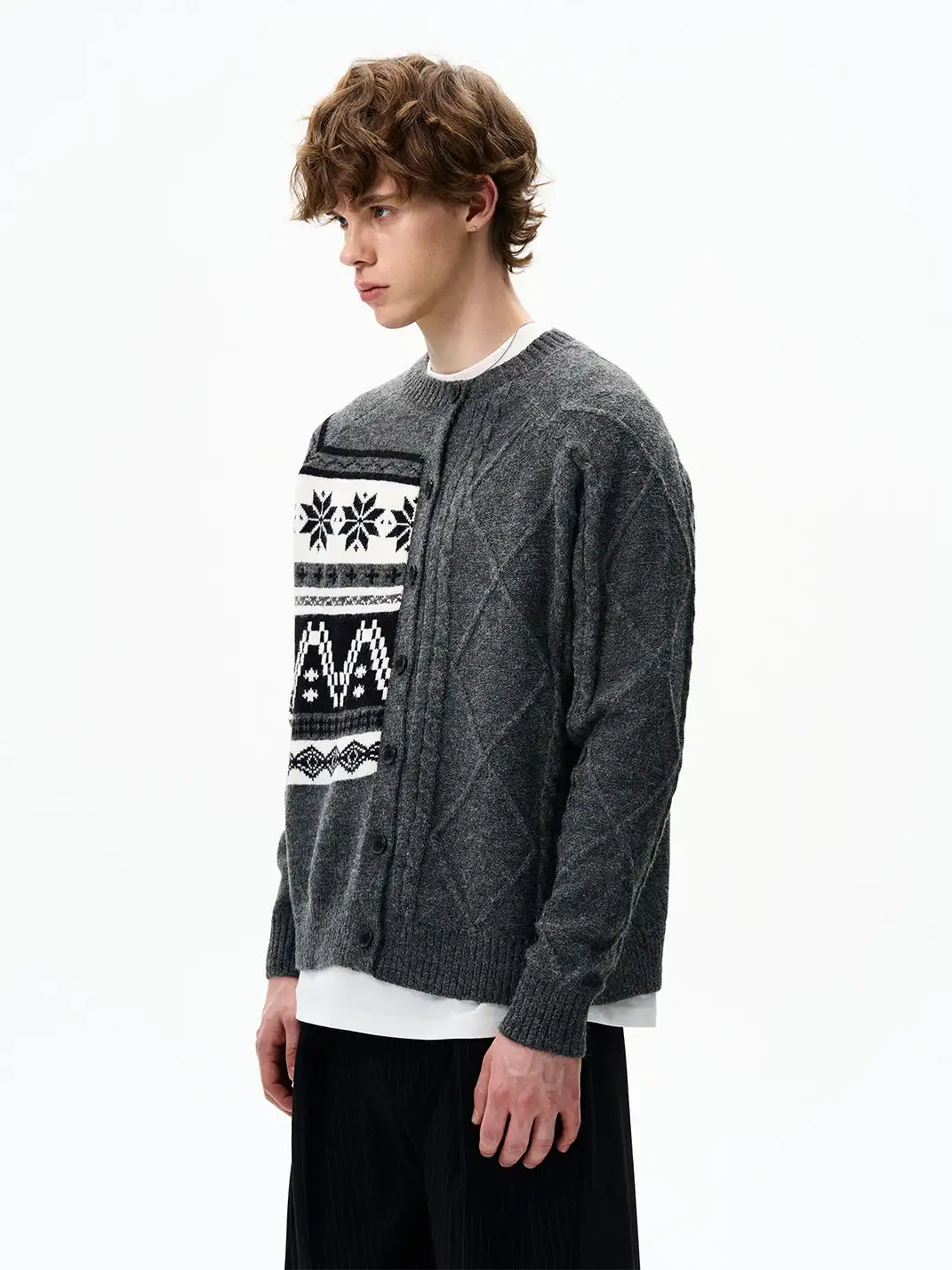 FLYOFF | Fair Isle Color-Block Buttoned Knit Cardigan