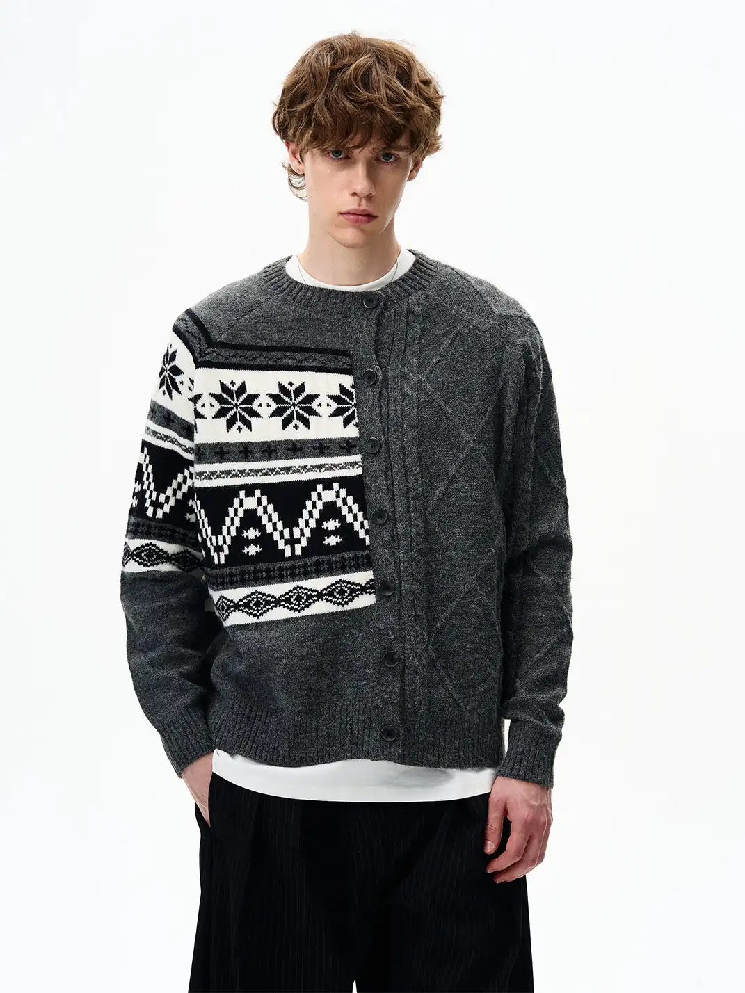 FLYOFF | Fair Isle Color-Block Buttoned Knit Cardigan