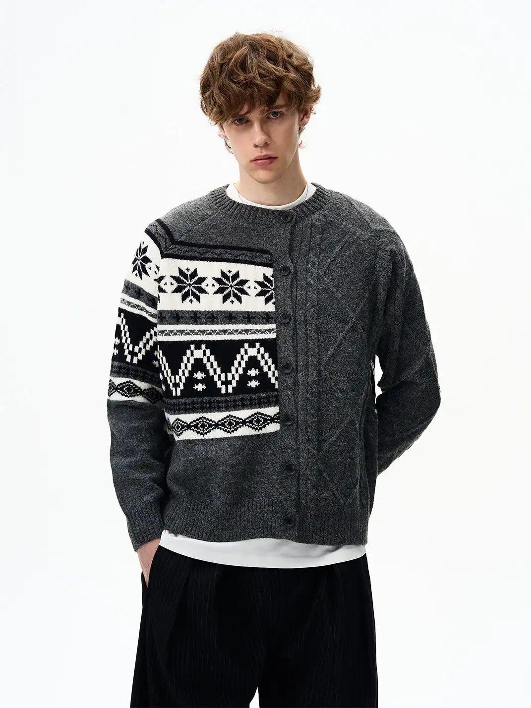 FLYOFF | Fair Isle Color-Block Buttoned Knit Cardigan