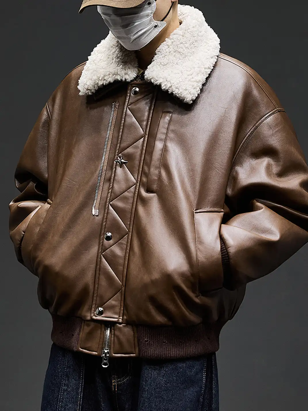 GURBAKS | Detachable Shearling Collar Leather Bomber Jacket