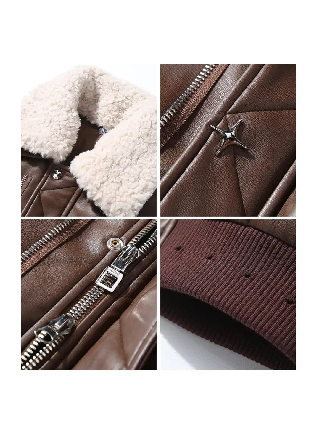 GURBAKS | Detachable Shearling Collar Leather Bomber Jacket