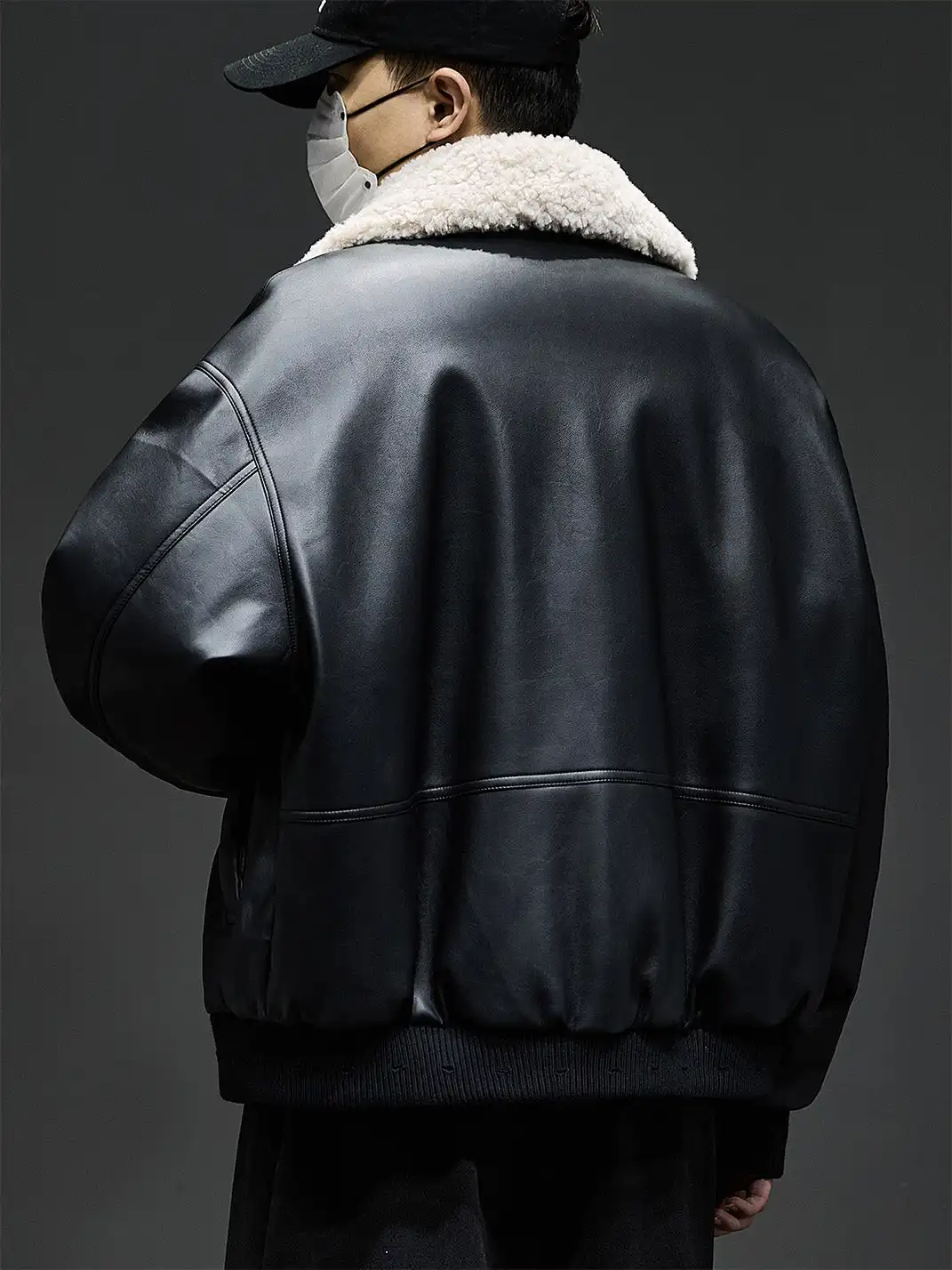 GURBAKS | Detachable Shearling Collar Leather Bomber Jacket