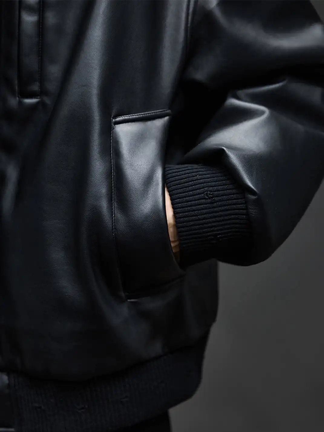 GURBAKS | Detachable Shearling Collar Leather Bomber Jacket